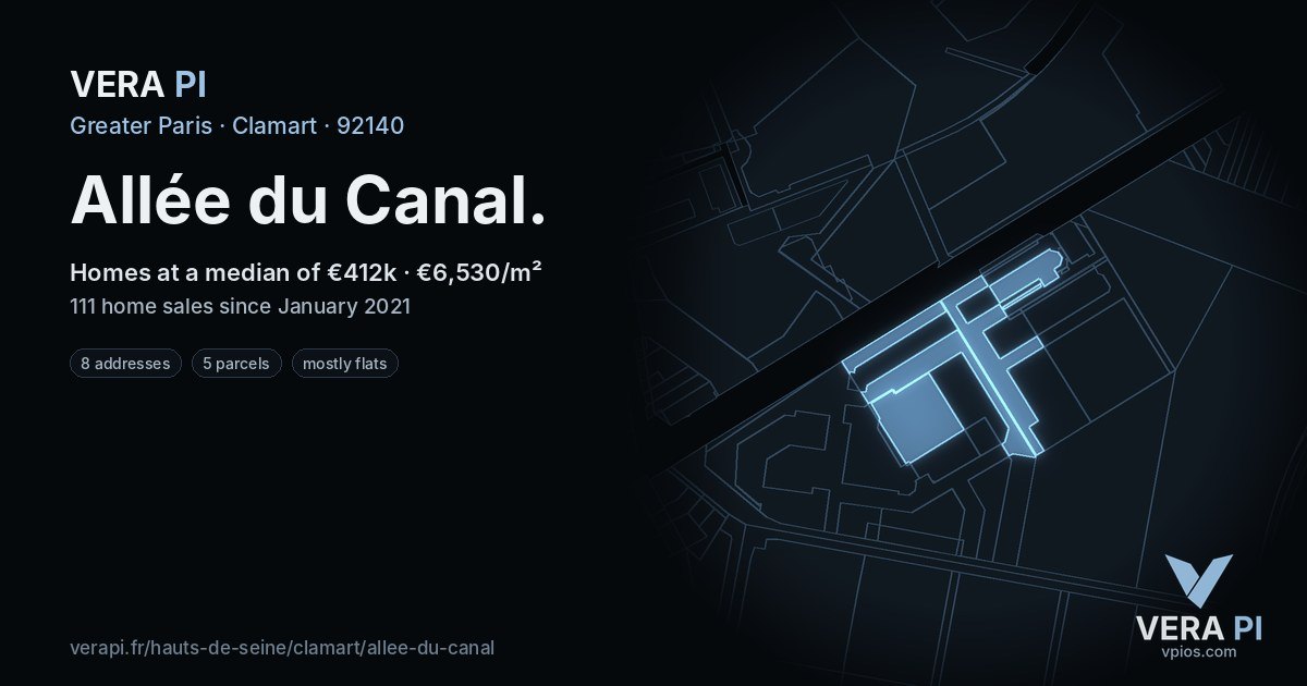 Allée du Canal, Clamart at night – every parcel coloured by the prices around it, the street's own parcels lit