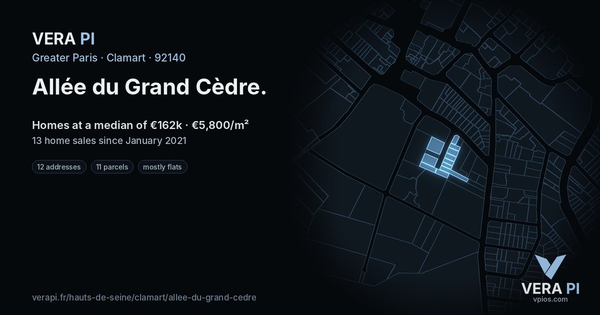Allée du Grand Cèdre, Clamart at night – every parcel coloured by the prices around it, the street's own parcels lit