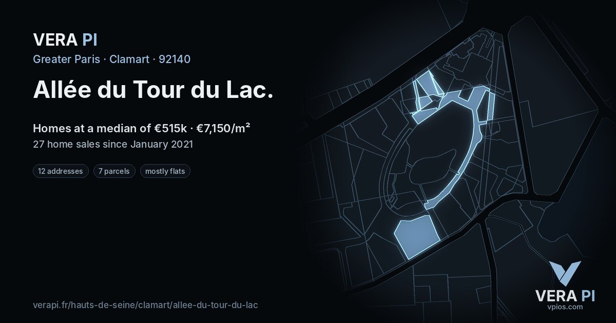 Allée du Tour du Lac, Clamart at night – every parcel coloured by the prices around it, the street's own parcels lit