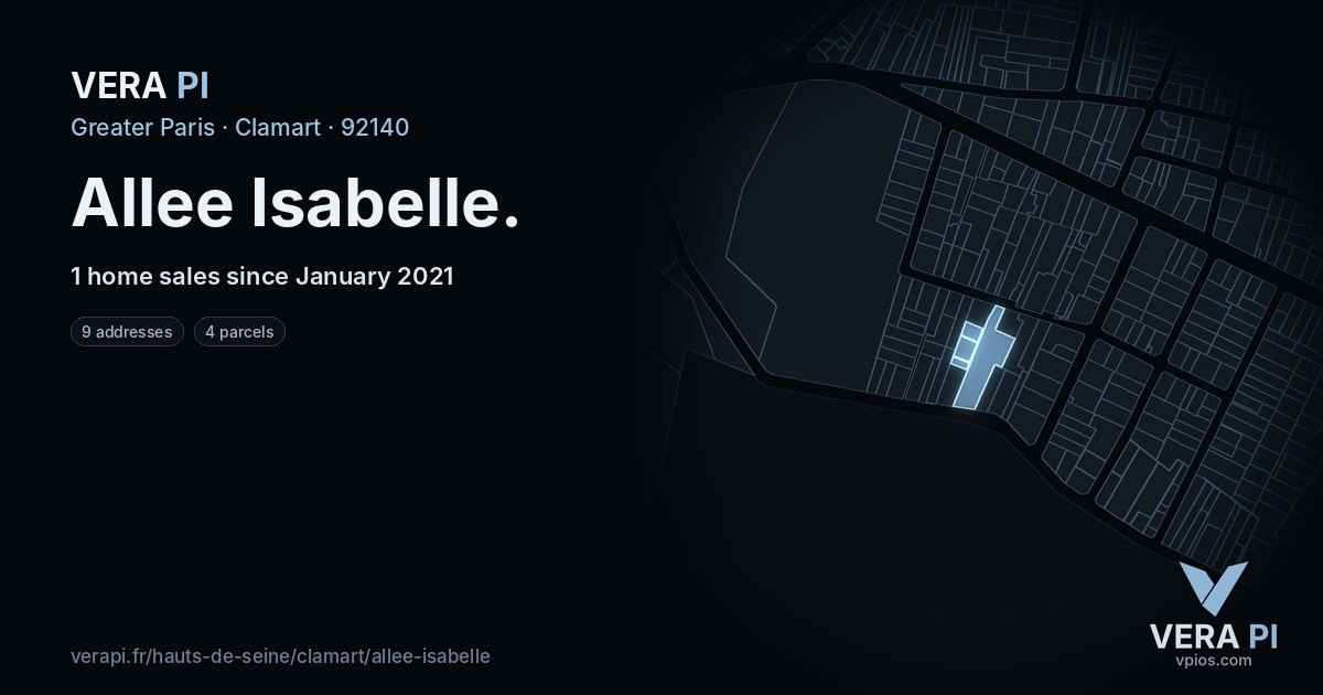 Allee Isabelle, Clamart at night – every parcel coloured by the prices around it, the street's own parcels lit