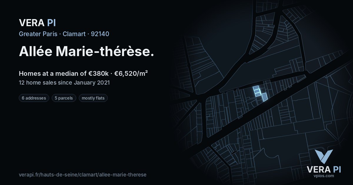 Allée Marie-thérèse, Clamart at night – every parcel coloured by the prices around it, the street's own parcels lit