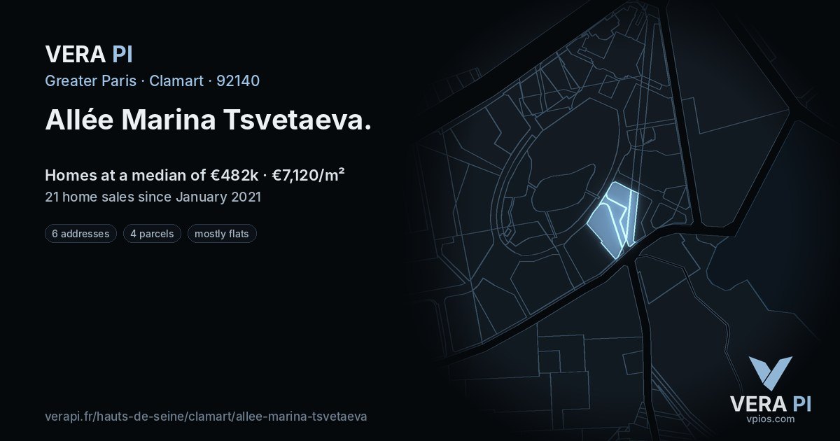 Allée Marina Tsvetaeva, Clamart at night – every parcel coloured by the prices around it, the street's own parcels lit