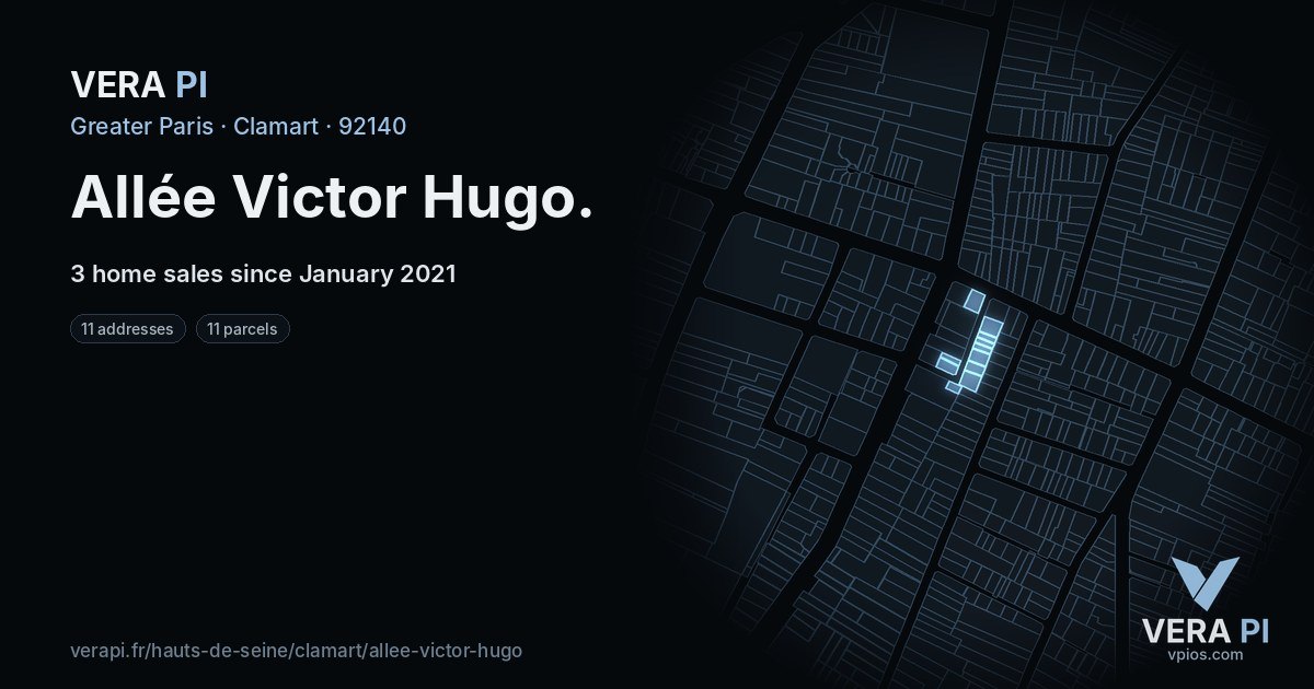 Allée Victor Hugo, Clamart at night – every parcel coloured by the prices around it, the street's own parcels lit