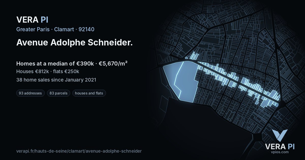 Avenue Adolphe Schneider, Clamart at night – every parcel coloured by the prices around it, the street's own parcels lit