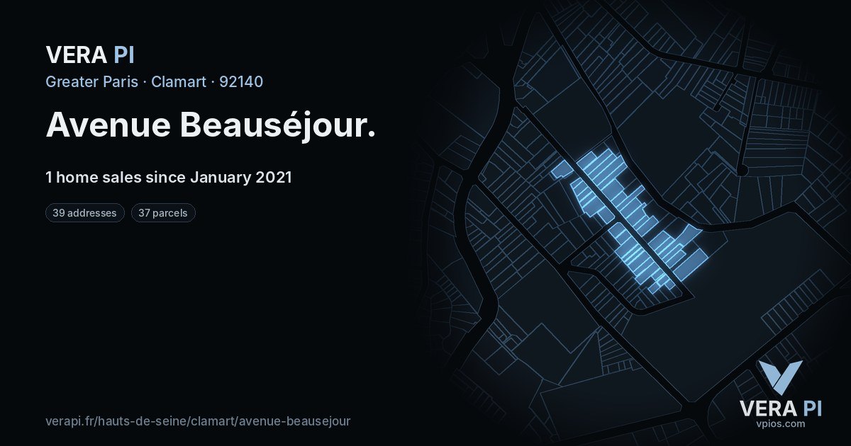Avenue Beauséjour, Clamart at night – every parcel coloured by the prices around it, the street's own parcels lit