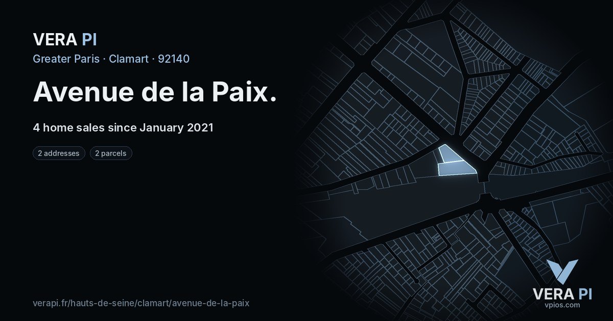 Avenue de la Paix, Clamart at night – every parcel coloured by the prices around it, the street's own parcels lit