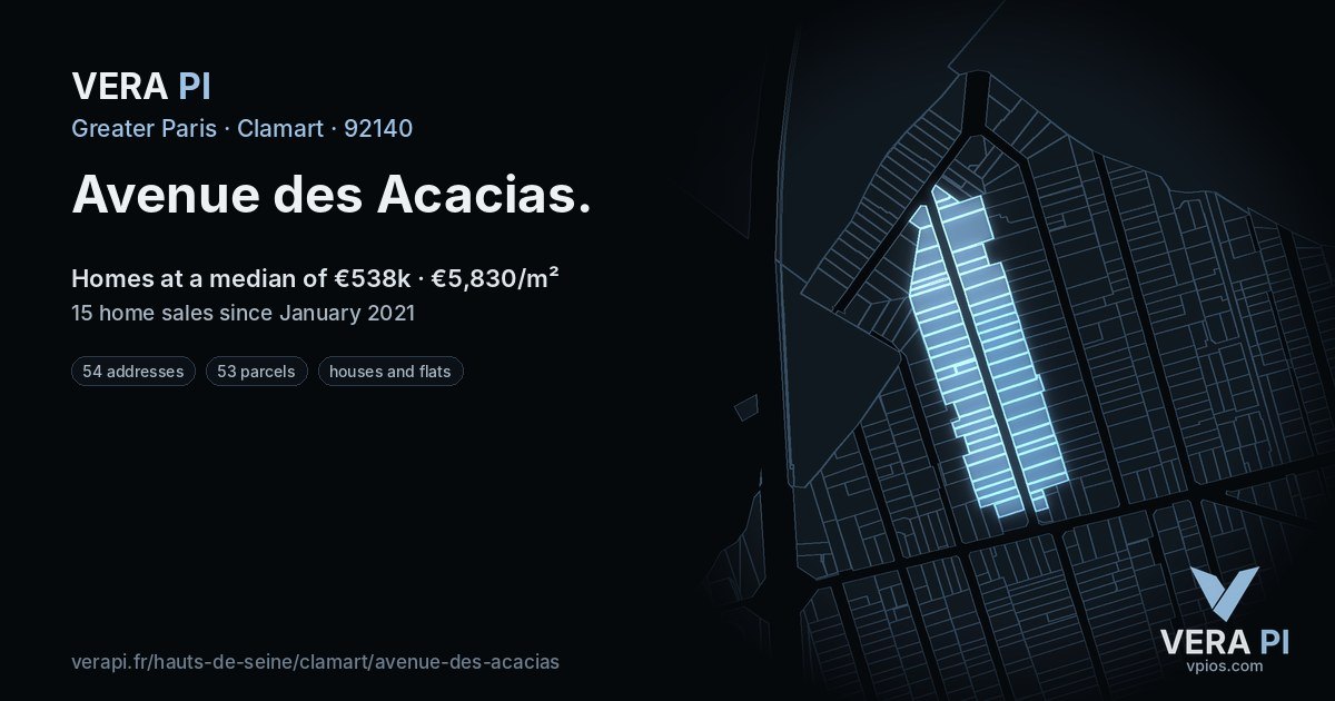 Avenue des Acacias, Clamart at night – every parcel coloured by the prices around it, the street's own parcels lit