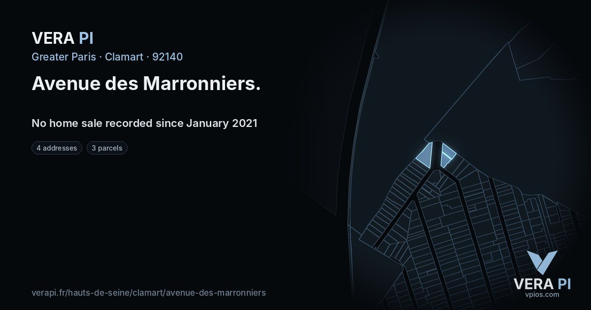 Avenue des Marronniers, Clamart at night – every parcel coloured by the prices around it, the street's own parcels lit