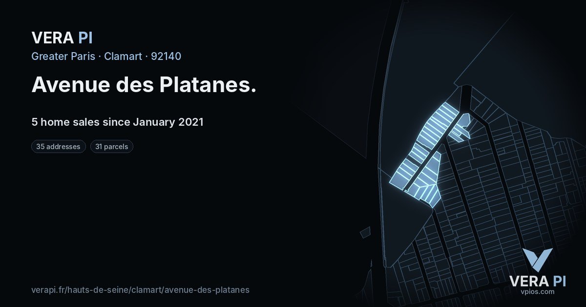 Avenue des Platanes, Clamart at night – every parcel coloured by the prices around it, the street's own parcels lit