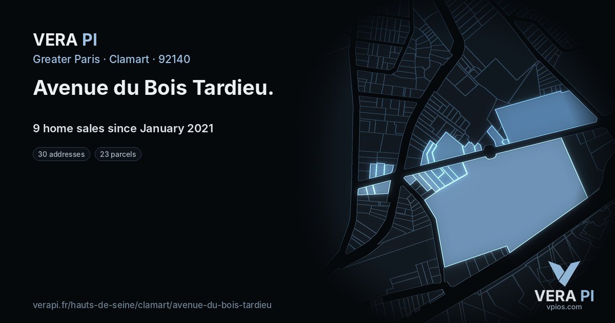 Avenue du Bois Tardieu, Clamart at night – every parcel coloured by the prices around it, the street's own parcels lit