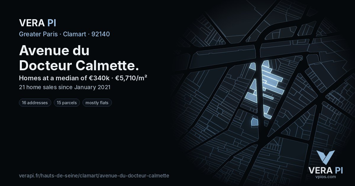 Avenue du Docteur Calmette, Clamart at night – every parcel coloured by the prices around it, the street's own parcels lit