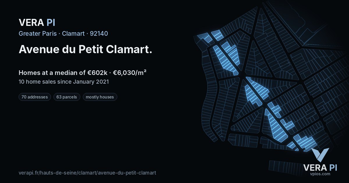 Avenue du Petit Clamart, Clamart at night – every parcel coloured by the prices around it, the street's own parcels lit
