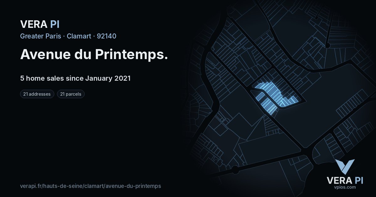 Avenue du Printemps, Clamart at night – every parcel coloured by the prices around it, the street's own parcels lit