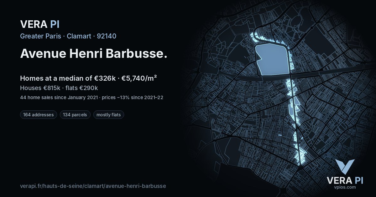 Avenue Henri Barbusse, Clamart at night – every parcel coloured by the prices around it, the street's own parcels lit