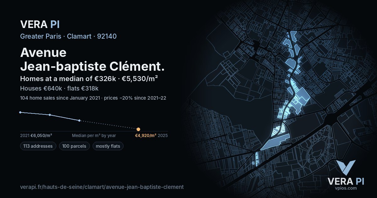 Avenue Jean-baptiste Clément, Clamart at night – every parcel coloured by the prices around it, the street's own parcels lit