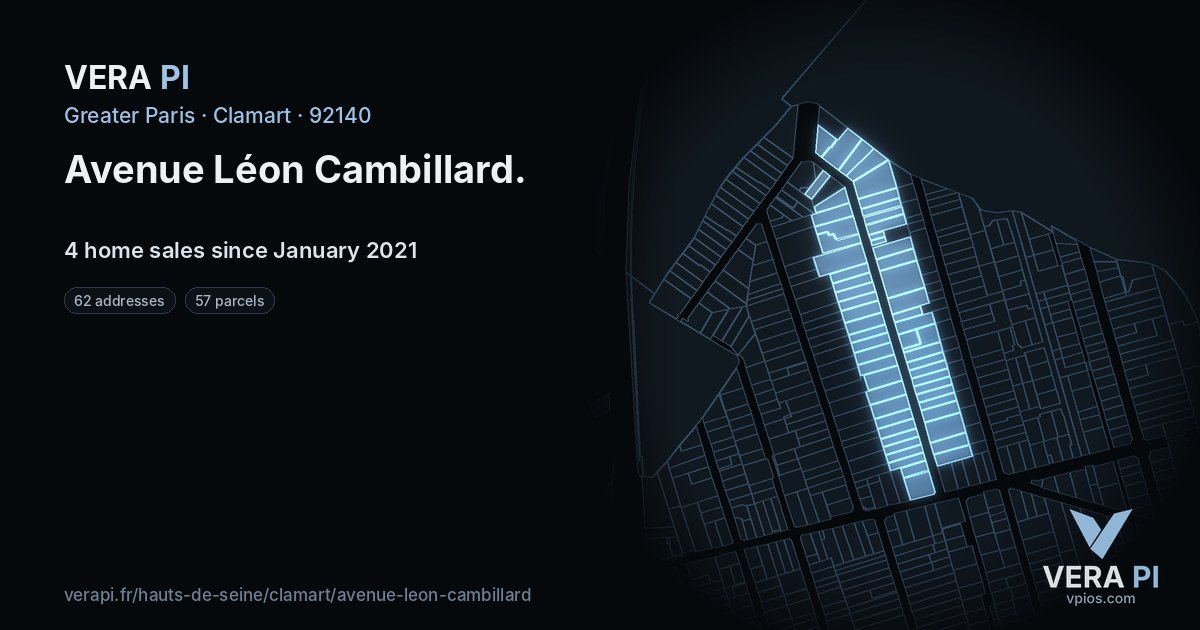 Avenue Léon Cambillard, Clamart at night – every parcel coloured by the prices around it, the street's own parcels lit