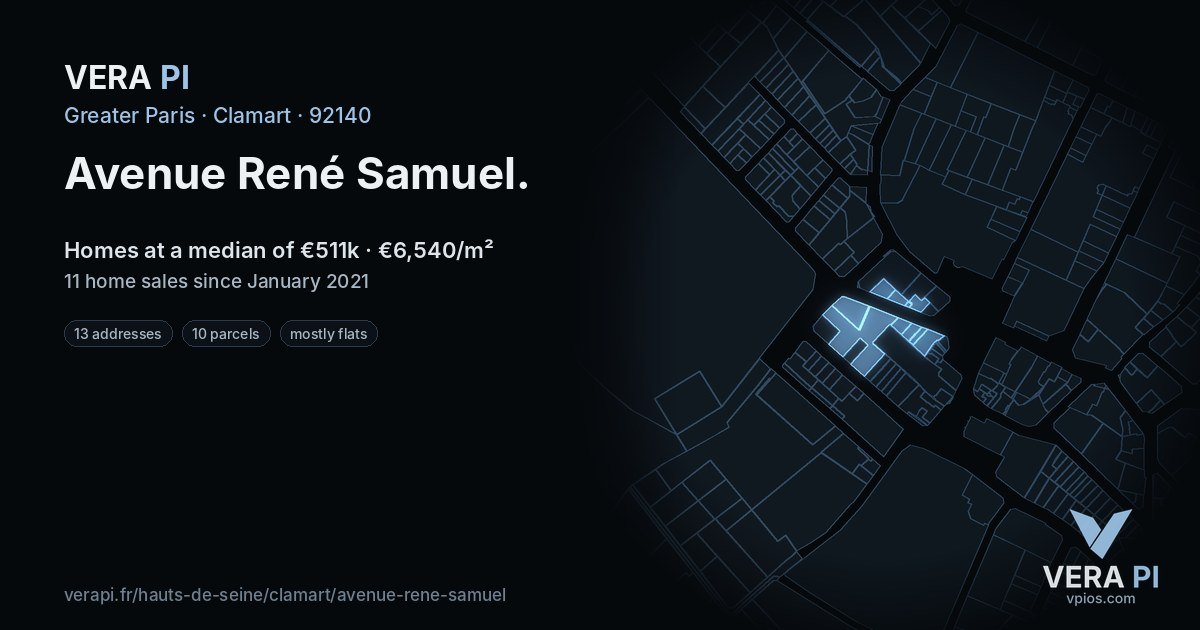 Avenue René Samuel, Clamart at night – every parcel coloured by the prices around it, the street's own parcels lit