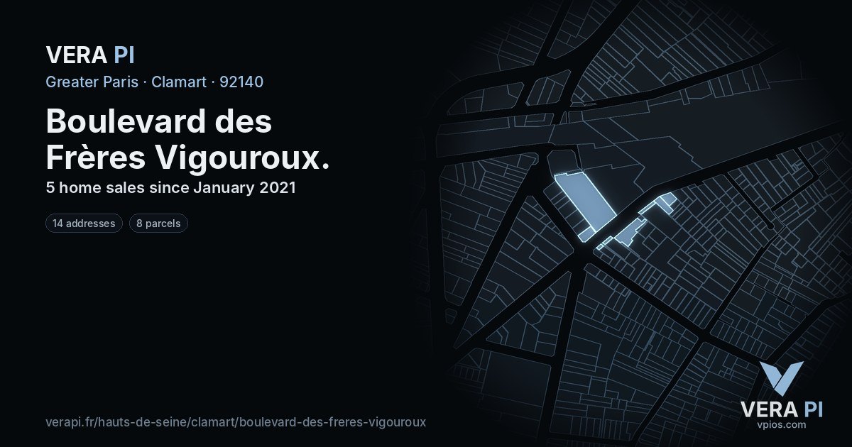 Boulevard des Frères Vigouroux, Clamart at night – every parcel coloured by the prices around it, the street's own parcels lit