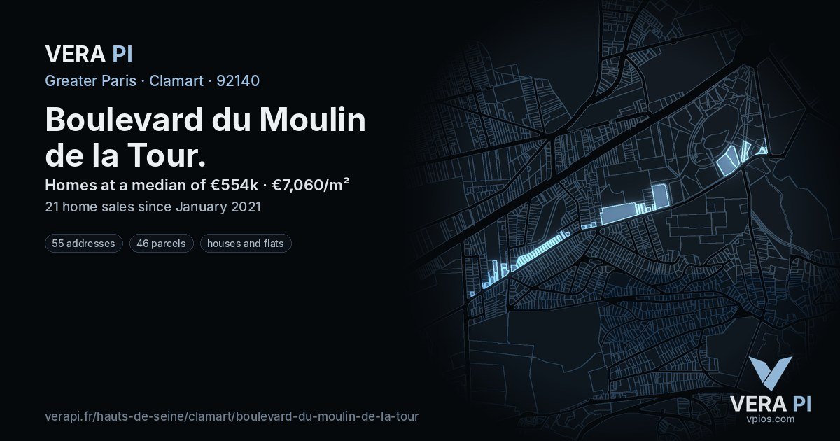 Boulevard du Moulin de la Tour, Clamart at night – every parcel coloured by the prices around it, the street's own parcels lit