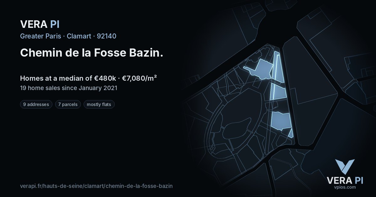 Chemin de la Fosse Bazin, Clamart at night – every parcel coloured by the prices around it, the street's own parcels lit