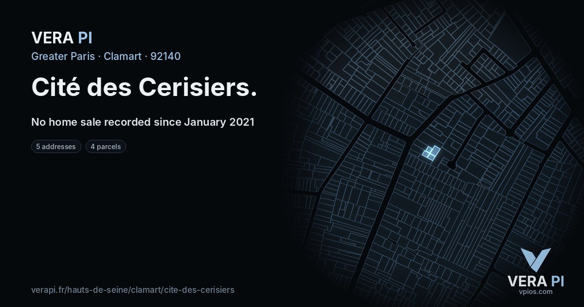 Cité des Cerisiers, Clamart at night – every parcel coloured by the prices around it, the street's own parcels lit