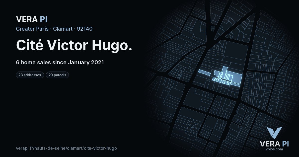Cité Victor Hugo, Clamart at night – every parcel coloured by the prices around it, the street's own parcels lit