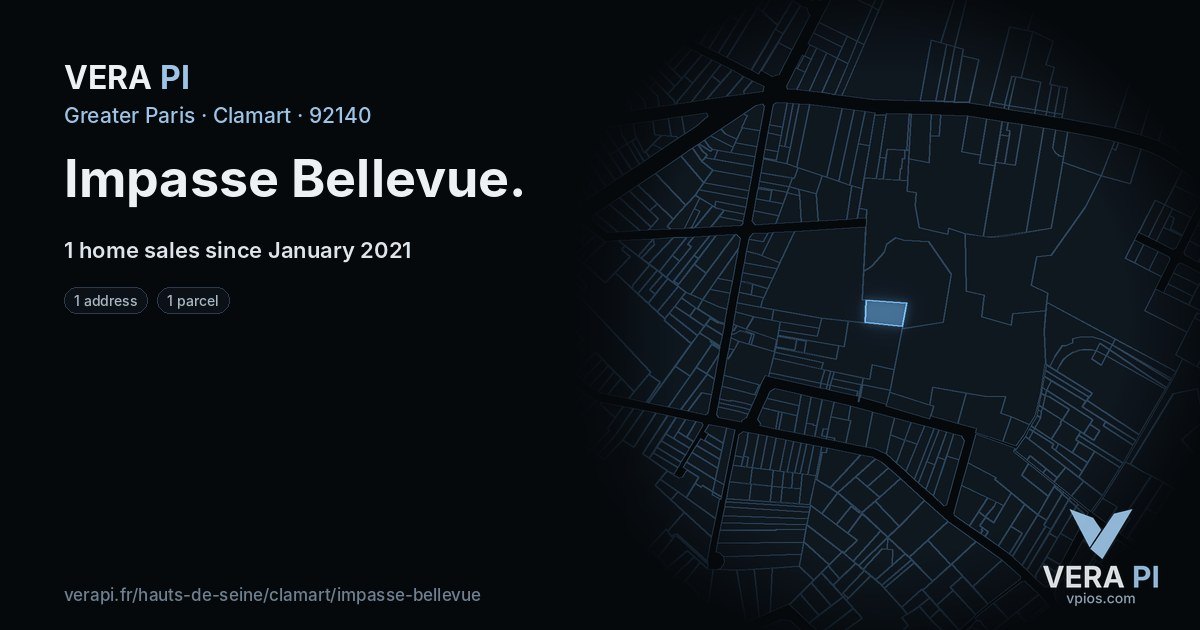 Impasse Bellevue, Clamart at night – every parcel coloured by the prices around it, the street's own parcels lit