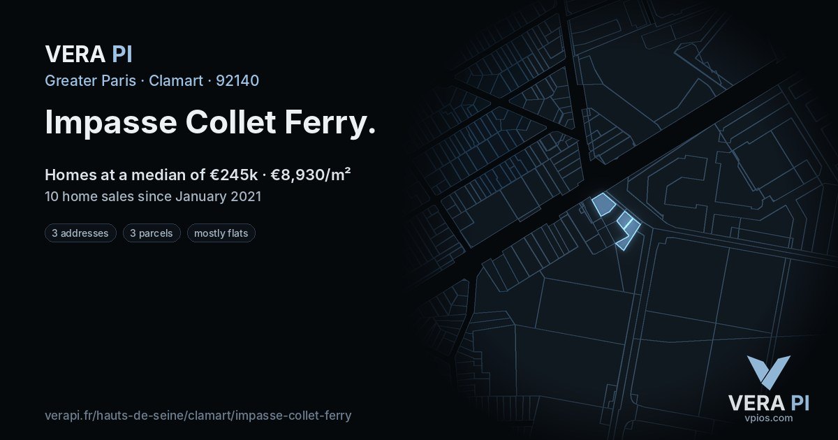 Impasse Collet Ferry, Clamart at night – every parcel coloured by the prices around it, the street's own parcels lit