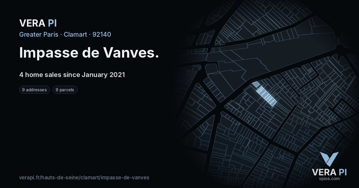 Impasse de Vanves, Clamart at night – every parcel coloured by the prices around it, the street's own parcels lit