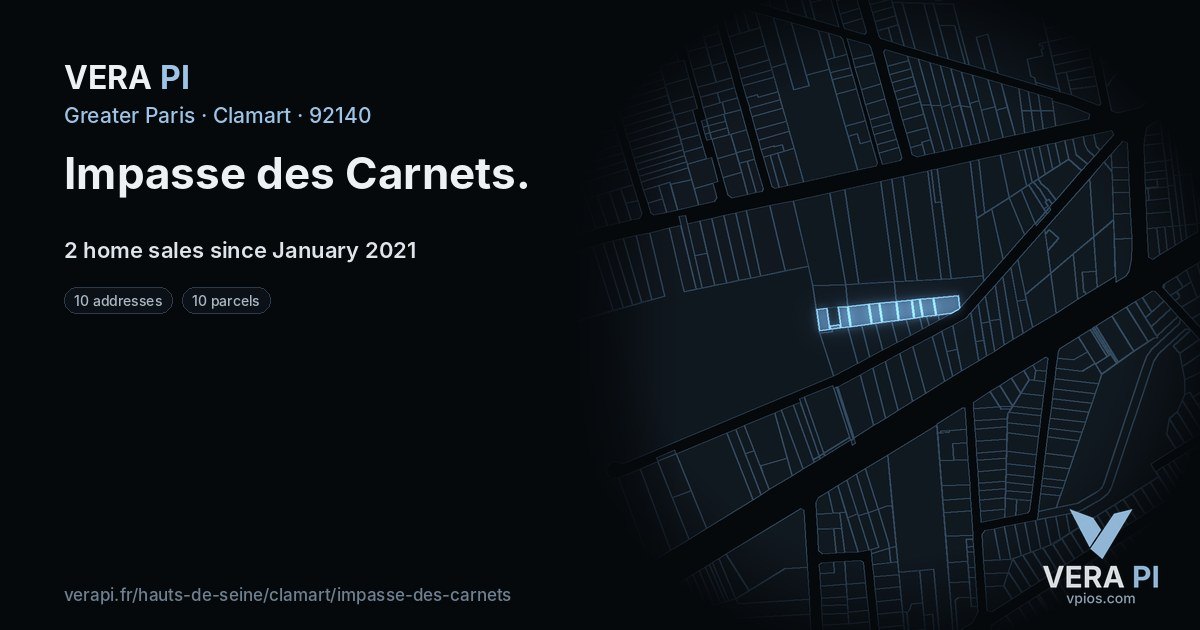 Impasse des Carnets, Clamart at night – every parcel coloured by the prices around it, the street's own parcels lit
