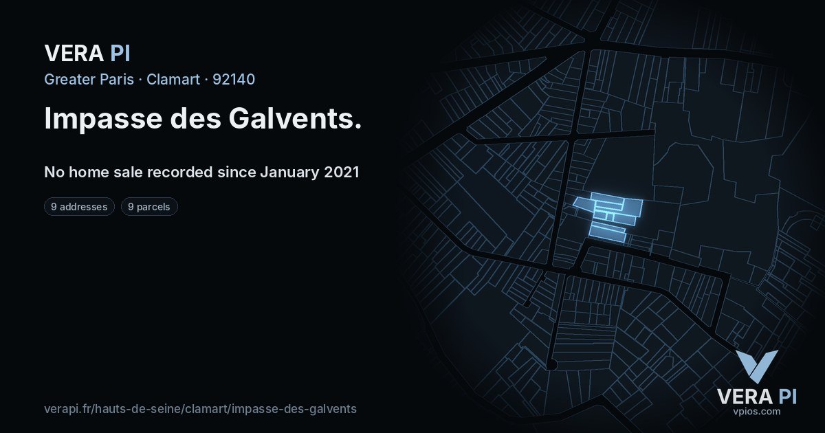 Impasse des Galvents, Clamart at night – every parcel coloured by the prices around it, the street's own parcels lit