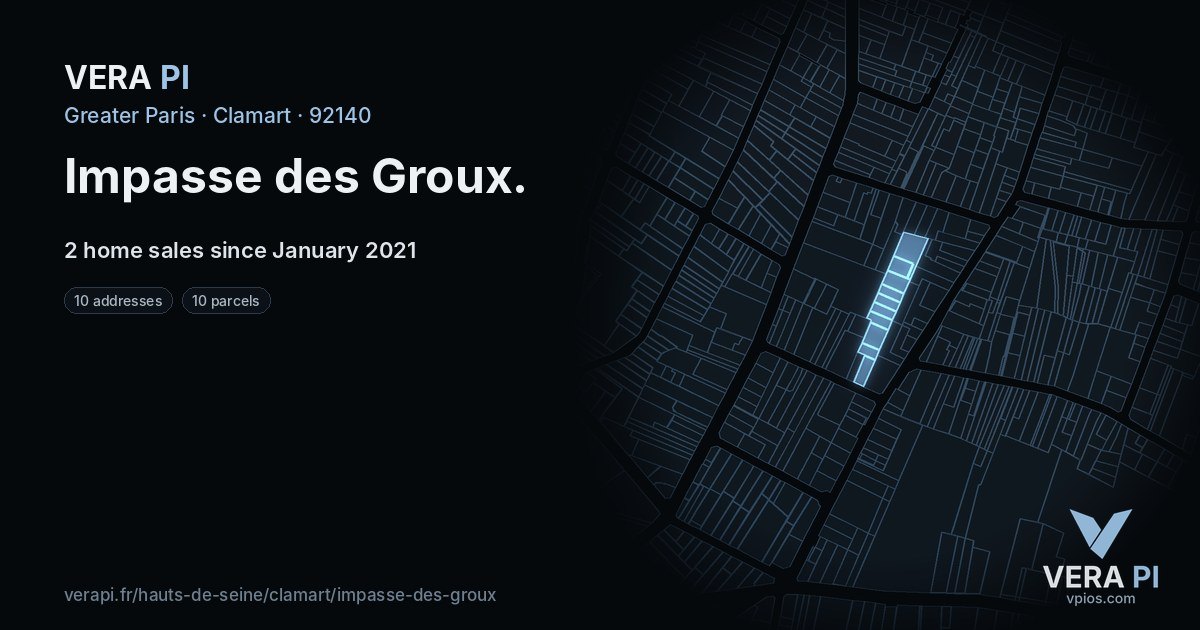 Impasse des Groux, Clamart at night – every parcel coloured by the prices around it, the street's own parcels lit