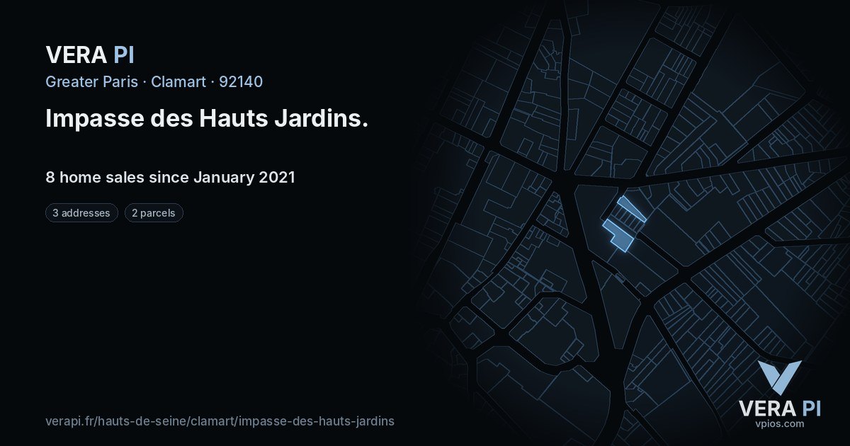 Impasse des Hauts Jardins, Clamart at night – every parcel coloured by the prices around it, the street's own parcels lit