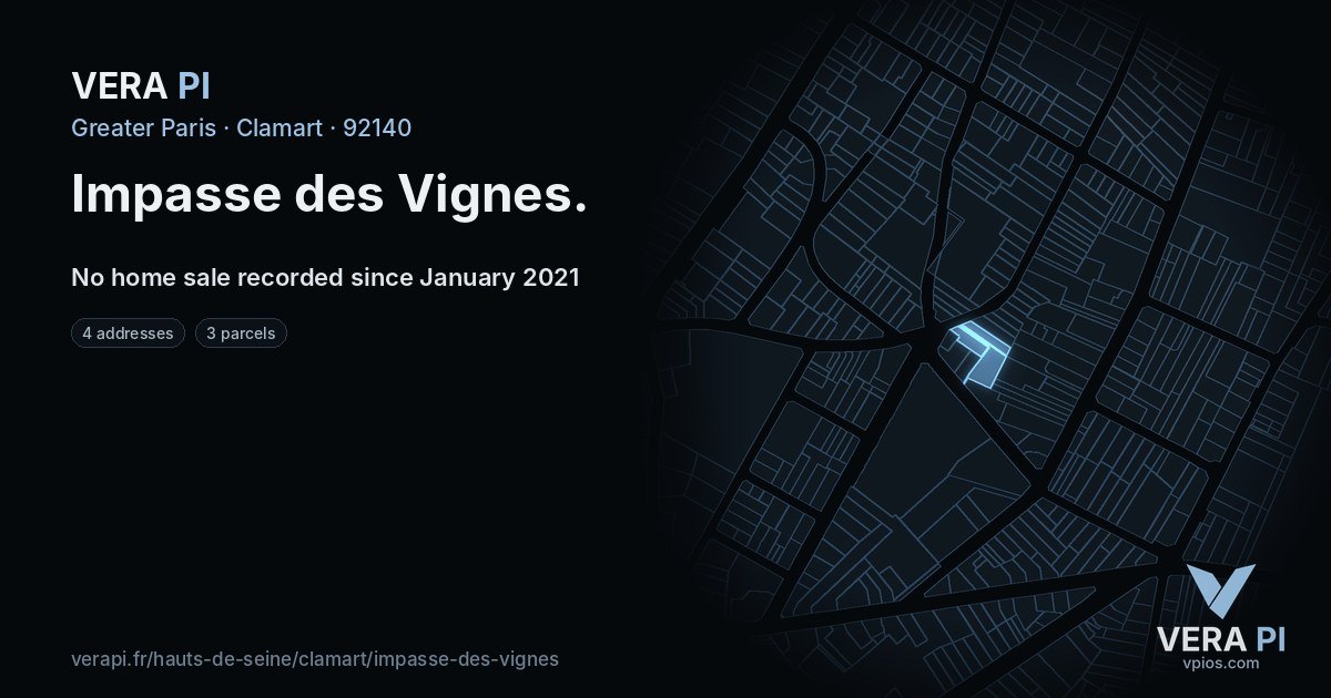 Impasse des Vignes, Clamart at night – every parcel coloured by the prices around it, the street's own parcels lit