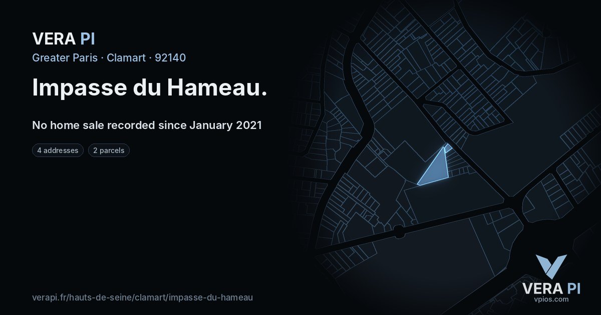 Impasse du Hameau, Clamart at night – every parcel coloured by the prices around it, the street's own parcels lit