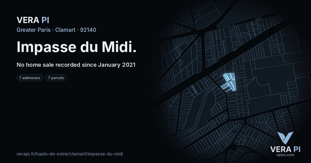 Impasse du Midi, Clamart at night – every parcel coloured by the prices around it, the street's own parcels lit