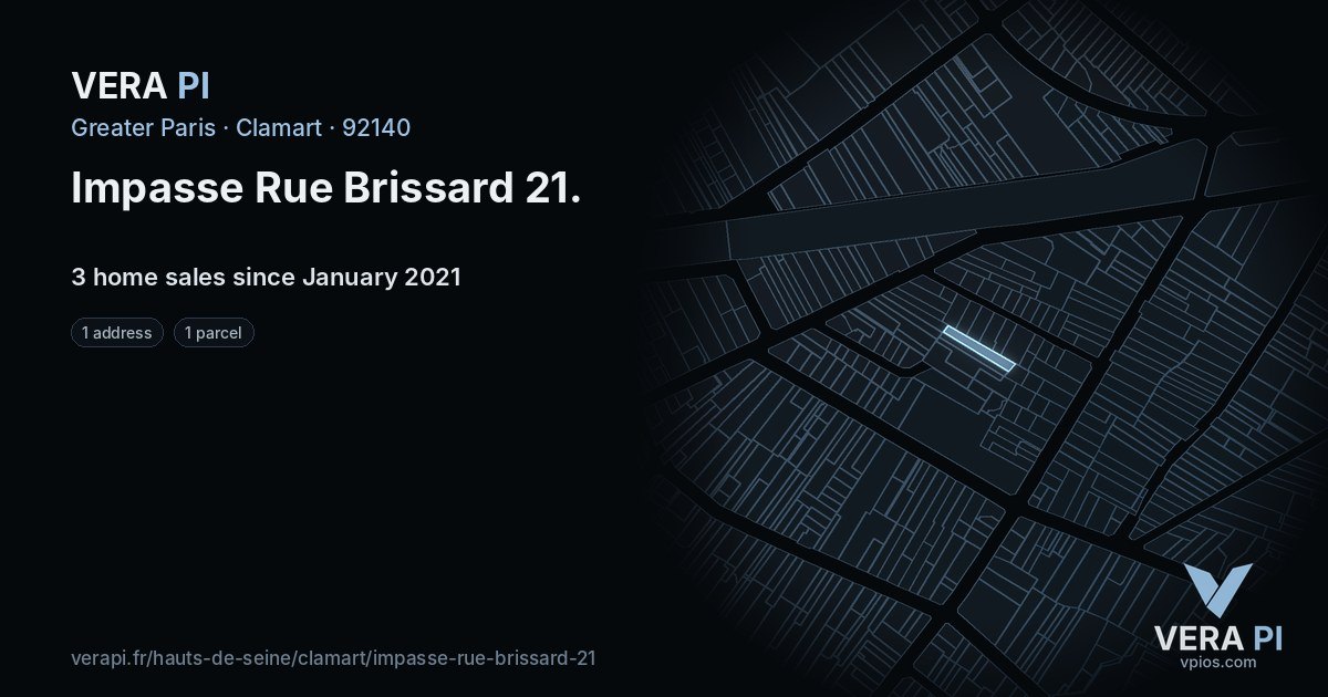 Impasse Rue Brissard 21, Clamart at night – every parcel coloured by the prices around it, the street's own parcels lit