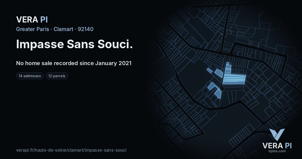 Impasse Sans Souci, Clamart at night – every parcel coloured by the prices around it, the street's own parcels lit