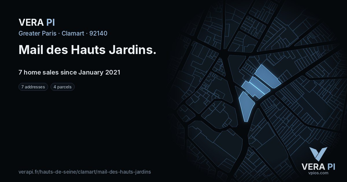 Mail des Hauts Jardins, Clamart at night – every parcel coloured by the prices around it, the street's own parcels lit