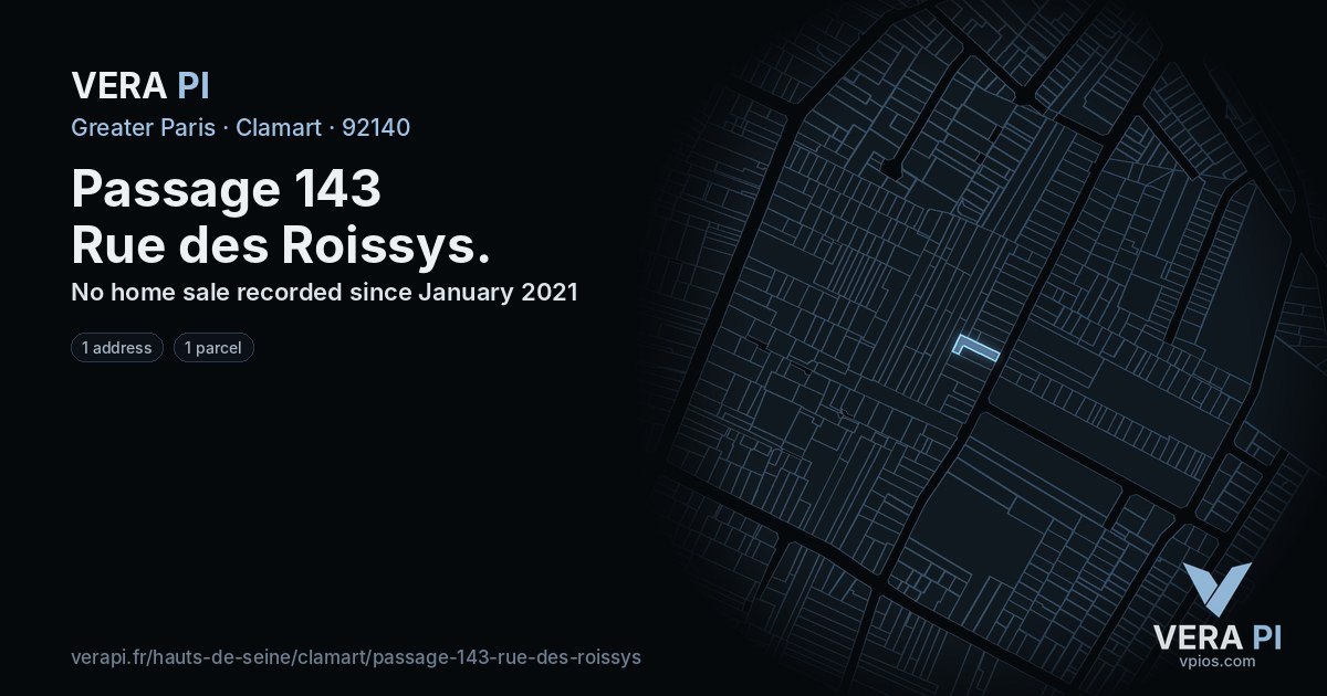 Passage 143 Rue des Roissys, Clamart at night – every parcel coloured by the prices around it, the street's own parcels lit