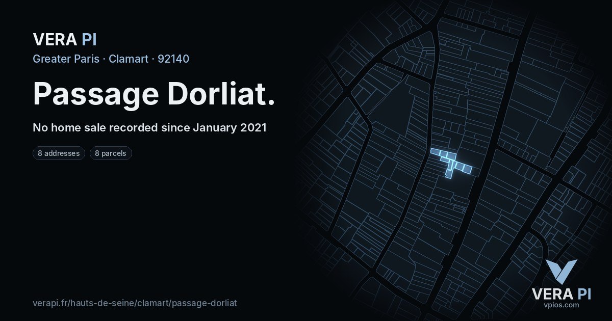 Passage Dorliat, Clamart at night – every parcel coloured by the prices around it, the street's own parcels lit