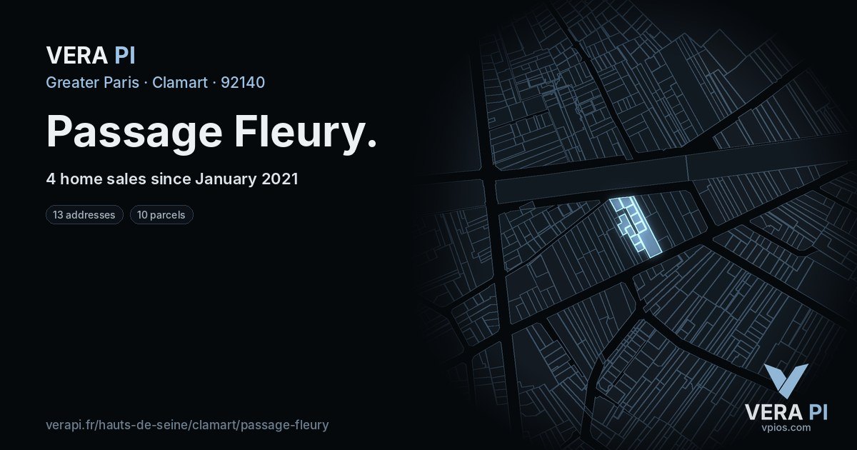 Passage Fleury, Clamart at night – every parcel coloured by the prices around it, the street's own parcels lit