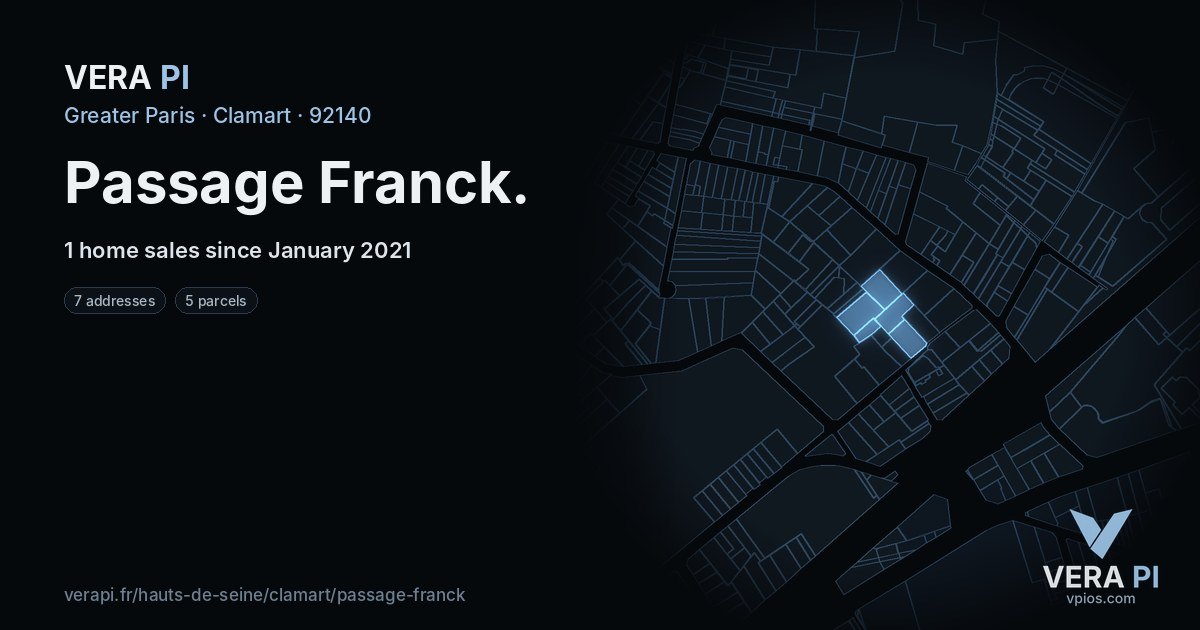 Passage Franck, Clamart at night – every parcel coloured by the prices around it, the street's own parcels lit