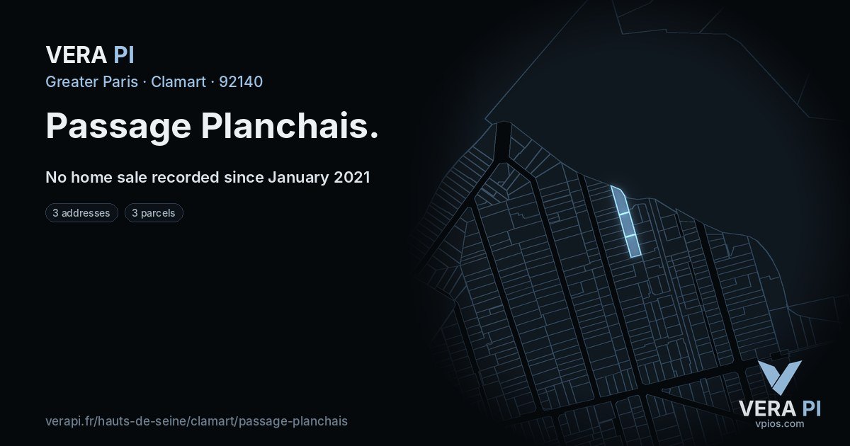 Passage Planchais, Clamart at night – every parcel coloured by the prices around it, the street's own parcels lit
