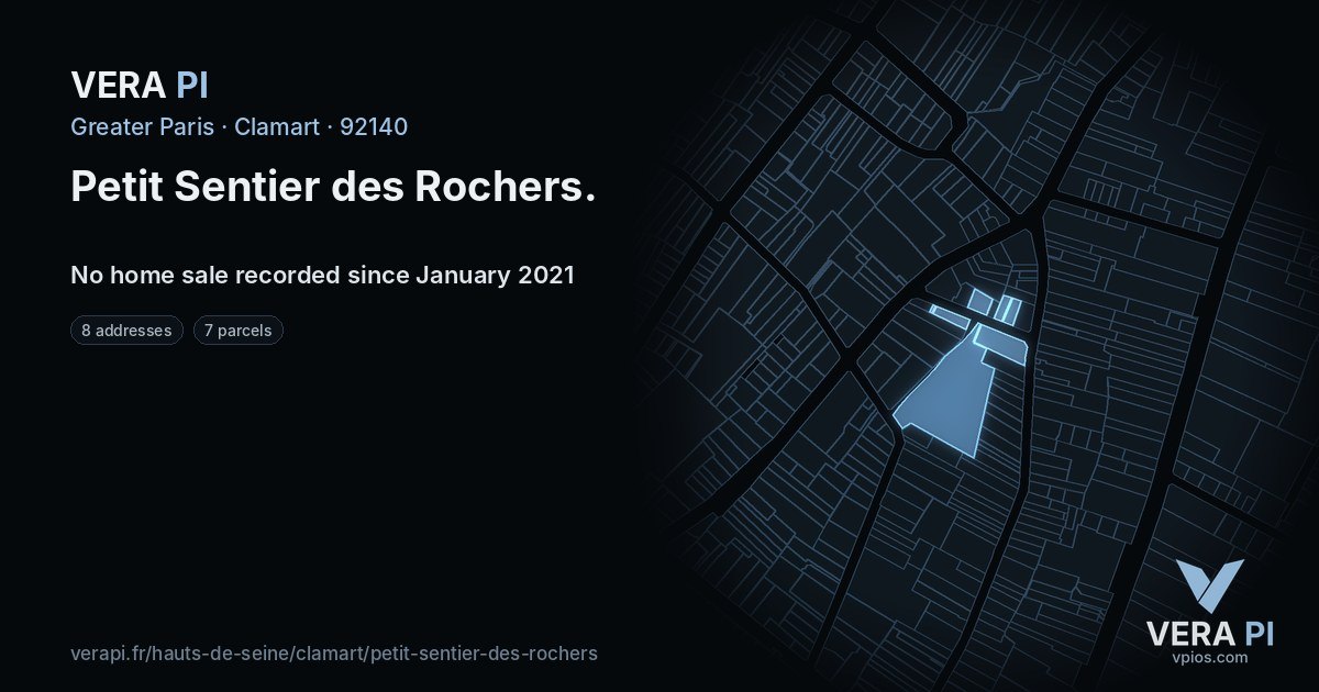 Petit Sentier des Rochers, Clamart at night – every parcel coloured by the prices around it, the street's own parcels lit
