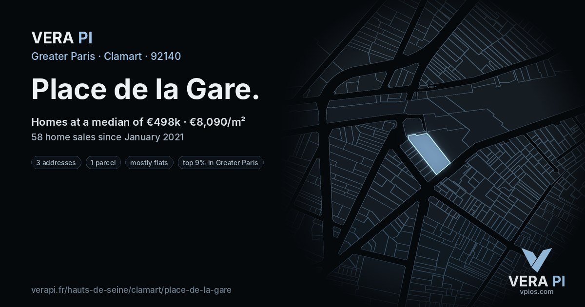 Place de la Gare, Clamart at night – every parcel coloured by the prices around it, the street's own parcels lit