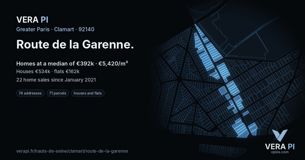 Route de la Garenne, Clamart at night – every parcel coloured by the prices around it, the street's own parcels lit
