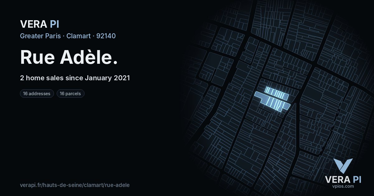Rue Adèle, Clamart at night – every parcel coloured by the prices around it, the street's own parcels lit