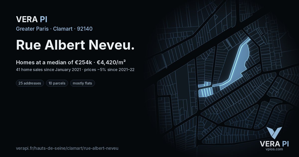 Rue Albert Neveu, Clamart at night – every parcel coloured by the prices around it, the street's own parcels lit