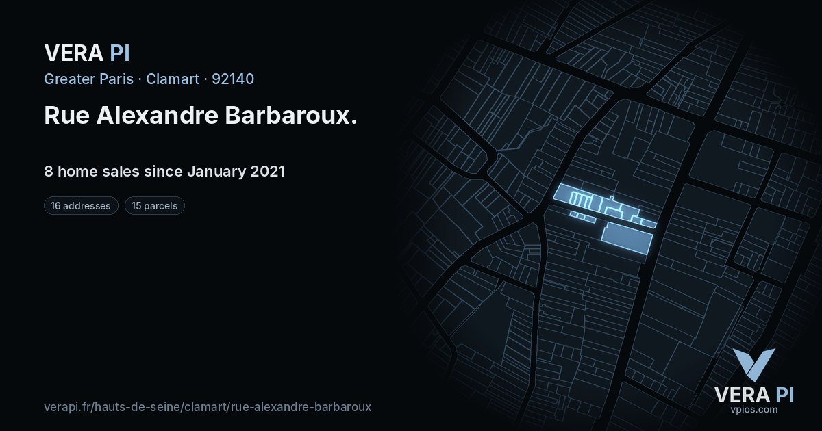 Rue Alexandre Barbaroux, Clamart at night – every parcel coloured by the prices around it, the street's own parcels lit